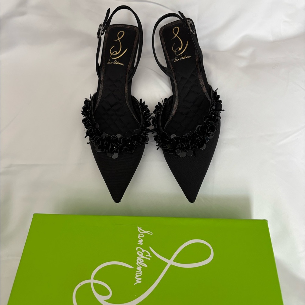 Sam Edelman Black Floral Appliqué Pointed Slingback Heels